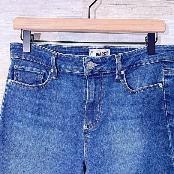 PAIGE Shelby Crop Flare Jeans Blue Dark Wash Mid Rise Stretch Denim Womens 30 - Picture 3 of 10